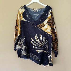Old Money Asymmetric Artsy Top Blouse Women XL Navy Blue Gold Modest Kaelyn Max